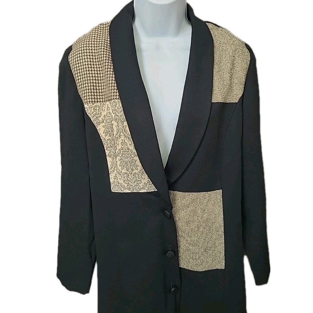 Vintage 80s Women's Patchwork Blazer Abstract Jacket USA Black Structure